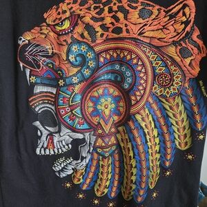 Black Short Sleeve Graphic Tee with Colorful Leopard & Skull Artwork